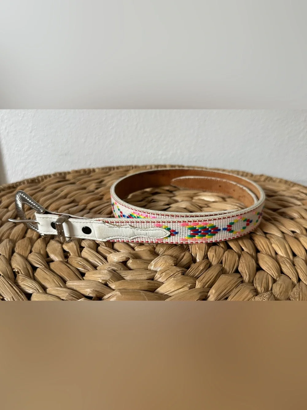 Vintage Nocona White Leather Western Belt 32 Woven Aztec Boho Southwestern